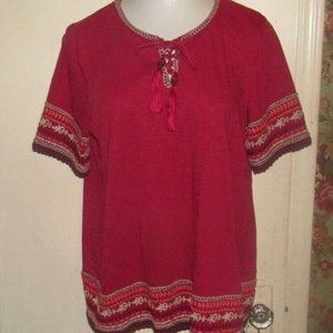 Romans Women's Red Embroidery & Tassel Pull Over Blouse size M 14-16